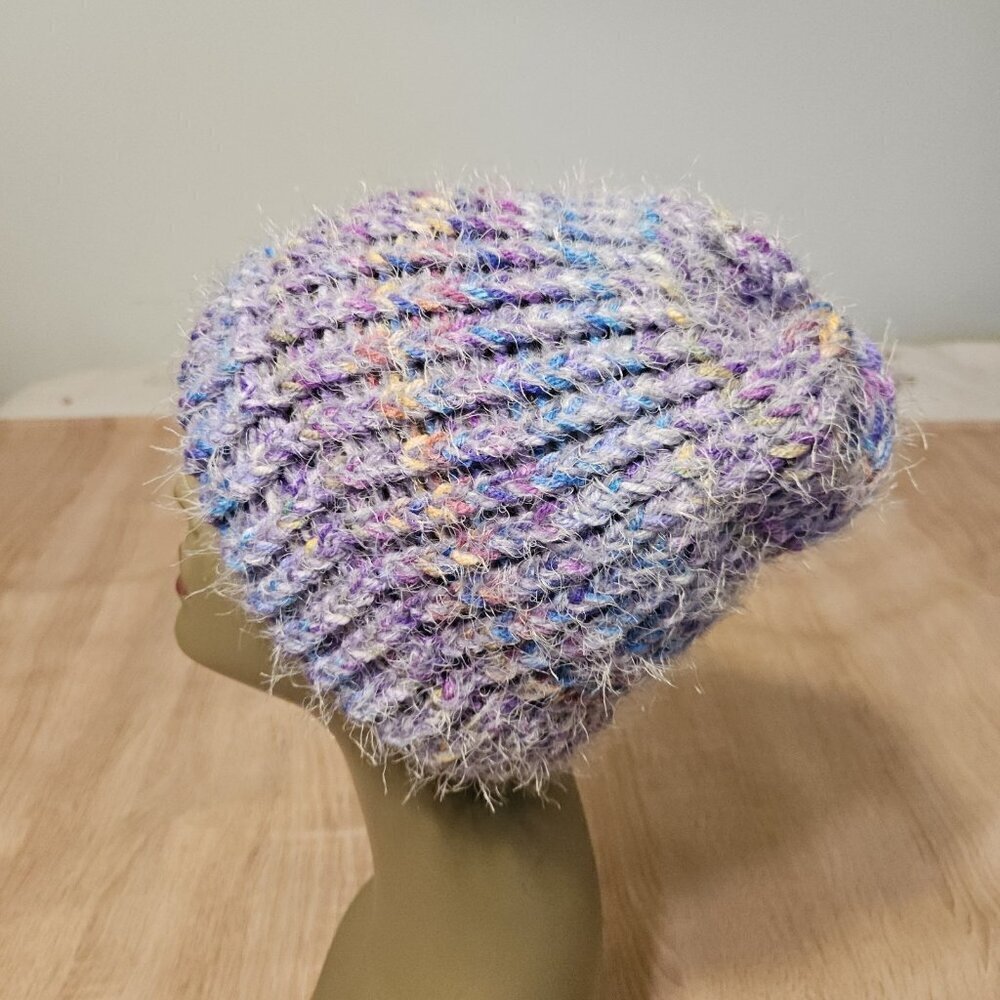 Hand-Made - Knitted Winter Beanie Purple Multicolor Hat - One-Size Very Soft !
